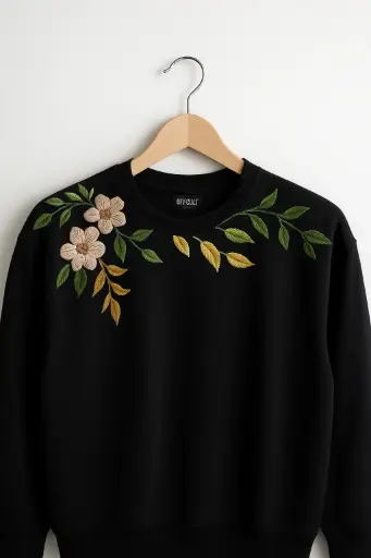 Floral Embroidered Black Sweatshirt – Oversized Fit